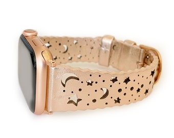 STAR GAZER Black leather moon and stars laser cut Watch Band, women Fitbit watch band, Versa 1, Versa 2, Versa 3, Sense studded watch bands