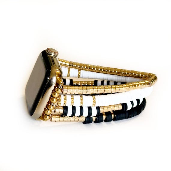 REPUTATION stretchy beaded Apple Watch band for Woman, Black white and gold beaded Women's apple watch Band 38, 40, 41, 42, 44,  45, 46, 49