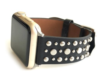 SUNDANCE black leather with metal studs Apple Watch Band women's leather studded apple watch 38mm 40mm 41mm 42mm 44mm 45mm 49mm series 1-9