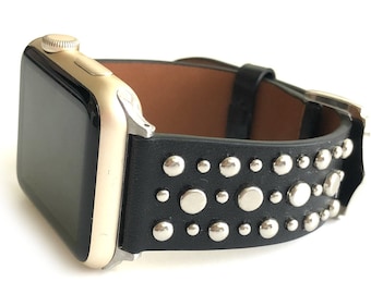 SUNDANCE black leather with metal studs Apple Watch Band women's leather studded apple watch 38mm 40mm 41mm 42mm 44mm 45mm 46mm 49mm 1-11