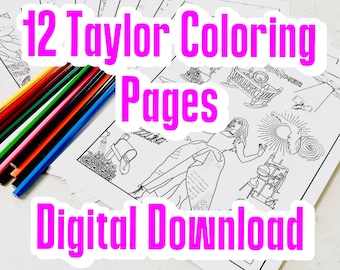 Könnte beinhalten: Ein Stapel von 12 Schwarzweiß-Malvorlagen mit dem Text "12 Taylor Coloring Pages Digital Download" in rosa Buchstaben. Ein Satz farbige Bleistifte liegt auf den Blättern.