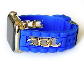 Silicone and gold chain watch band for Apple, Apple Watch band women, 38mm 40mm 41mm 42mm 44mm 45mm 46mm 49mm series 1-11 Ultra