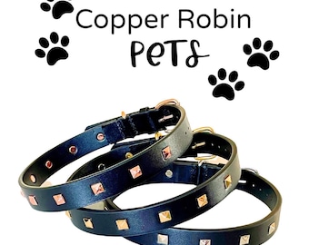Zwarte leren hondenhalsband met studs, roségoud, goud, zilveren studs