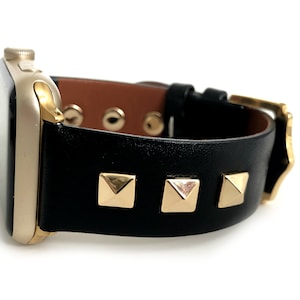 ROCKSTAR black leather apple watch band with metal studs women apple watch band 38mm 40mm 41mm 42mm 44mm 45mm 46mm 49mm studded watch bands