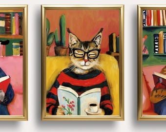 Cozy Library Cat Art Prints - Set of 6 (Digital Download)
