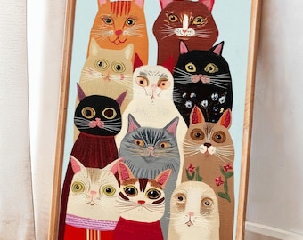 Whimsical Cat Art Print: Colorful Feline Poster (Digital Download)