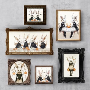 Halloween Rabbit Wall Art Set of 6 – Gothic Bunny Print Bundle, Spooky Cute Animal Posters for Halloween Decor, Digital Download