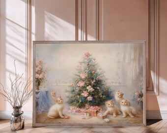Vintage Cat Christmas Tree Poster: Cozy Holiday Kitten Art (Digital Download)