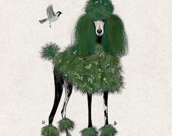 May include: An artistic illustration of a poodle adorned with green foliage, resembling a topiary. The dog has black and white markings and is accompanied by a small bird in flight. The artwork is set against a textured, off-white background.