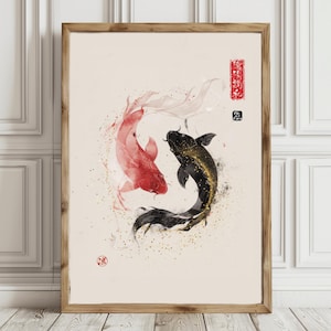 Yin Yang Harmony Decorative Digital Art Print, Printable Trendy Wall Art, Koi Fish Poster, Japanese Wall Decor