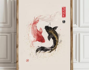 Yin Yang Harmony Dekorativt Digitalt Konsttryck, Utskrivbar Trendig Väggkonst, Koi Fisk Poster, Japansk Väggdekor