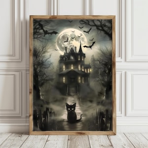 黒猫のお化け屋敷 – 印刷可能なハロウィンウォールアート – ゴシックで不気味な装飾 – ヴィンテージのダークアカデミアハロウィンポスター