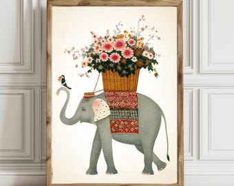 Graceful Elephant Wall Art – Botanical Flowers and Bird Illustration