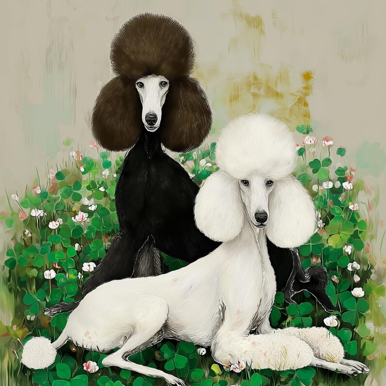 May include: An artistic rendering of two poodles. One is black, standing upright, and the other is white, lying down. Both have fluffy, rounded haircuts and are set against a backdrop of green foliage and small white and pink flowers.