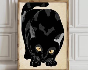 Lámina artística de gato negro: póster con ilustración japonesa (descarga digital)