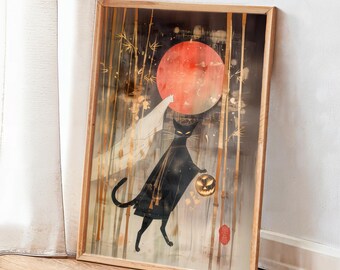 Spooky Black Cat Halloween Art - Japanese Ukiyo-e Style Ghost Moon Poster