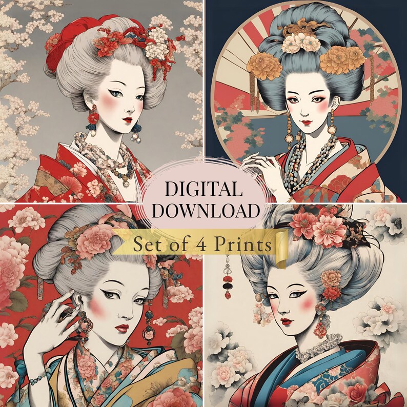 Geisha Wall Art Set – Japanese Art Prints, Japanese Fusion Decor ...