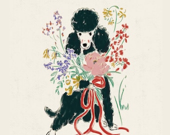 May include: Illustration of a black poodle holding a bouquet of colorful flowers tied with a red ribbon. The flowers include pink, purple, yellow, and red blooms. The poodle has a white face and is set against a cream-colored background.