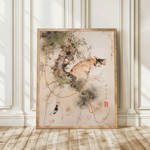 静寂の中の三毛猫アート | 浮世絵風の日本の猫の版画 | 日本のウォールアート