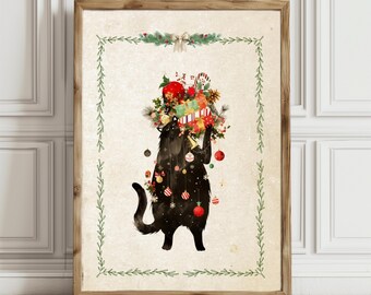 Whimsical Black Cat Christmas Print: Holiday Wreath Wall Art (Digital Download
