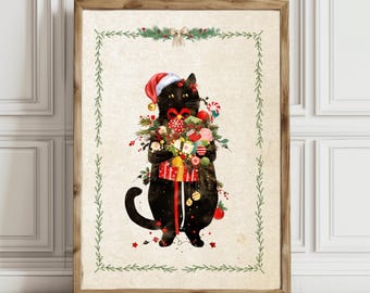 May include: A framed print features a black cat wearing a Santa hat and holding a bouquet of Christmas gifts and ornaments. The artwork has a vintage style with a green border and a festive holiday theme.