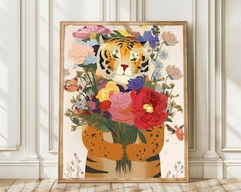Tiger with Bouquet Wall Art – Botanical Animal Illustration Print, Floral Jungle Decor