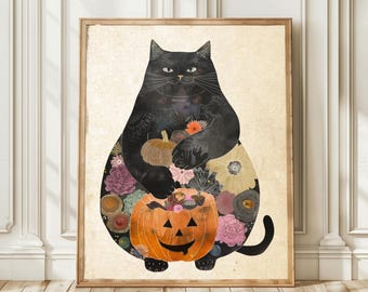 Halloween Black Cat Print: Spooky Pumpkin Lantern Wall Art (Digital Download)