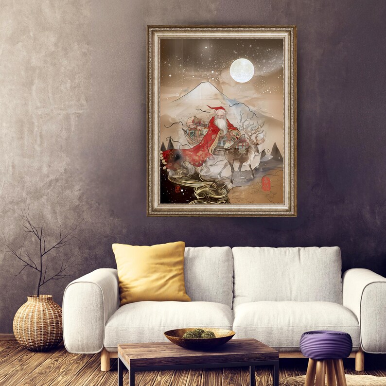 Japan Vector Set Santa Japanese Santa Claus Art at the Foot of Mount Fuji - Ukiyo-e Style ...