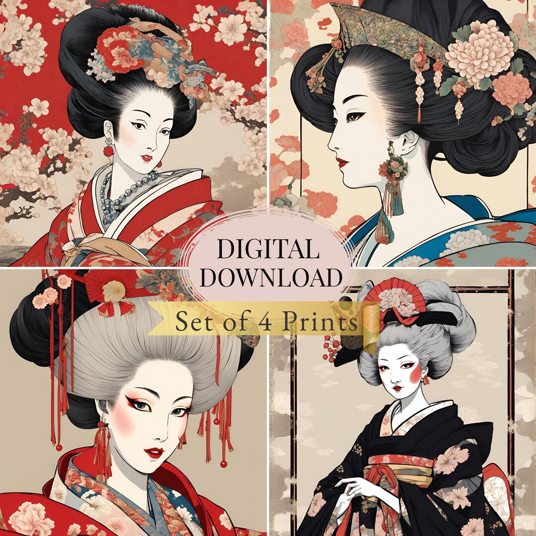 Geisha Wall Art Set – Japanese Art Prints, Red Kimono Decor, Modern ...