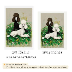 May include: Two framed art prints featuring poodles. One print shows a black poodle and a white poodle amidst green foliage. The second print shows the same image. The prints are available in various sizes, including 16x24, 20x30, 24x36 inches and 11x14 inches.