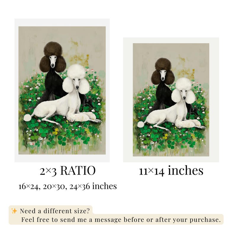 May include: Two framed art prints featuring poodles. One print shows a black poodle and a white poodle amidst green foliage. The second print shows the same image. The prints are available in various sizes, including 16x24, 20x30, 24x36 inches and 11x14 inches.