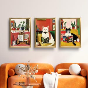 Lesende Katzen Wand Kunst 3er-Set - Gemütliche Katzen Drucke für Bücherliebende, Bibliothek Wohnkultur