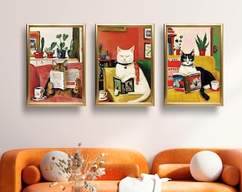 Kattenlezing muurkunst set van 3 – Cosy Cat Prints for Book Lovers, Library Home Decor