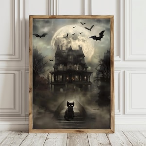 ダークアカデミアのハロウィンポスター - 印刷可能なハロウィンヴィンテージウォールアート - 黒猫のお化け屋敷 - ゴシックで不気味な装飾