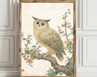 Vintage Japanese Owl Wall Art – Elegant Bird Print with Blossoms