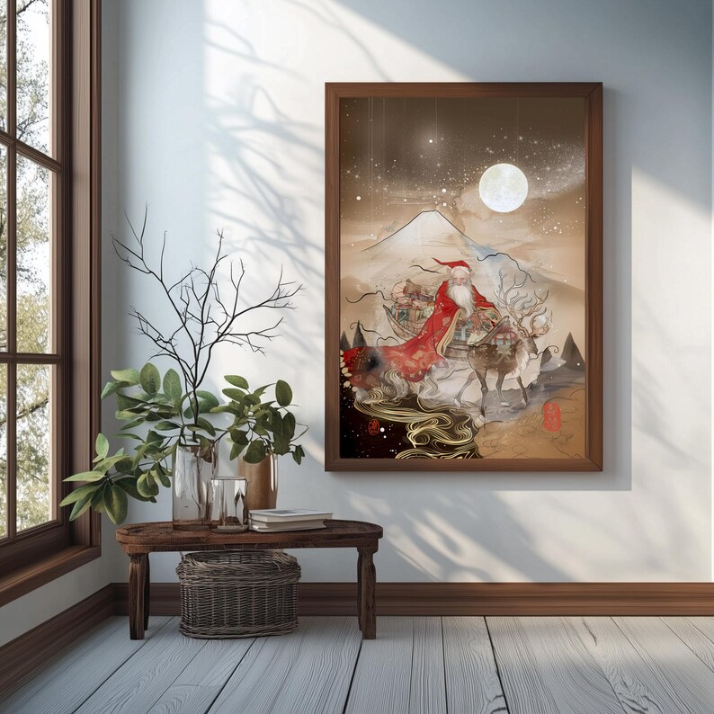 Japanese Santa Claus Art at the Foot of Mount Fuji - Ukiyo-e Style ...