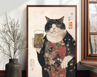 Serene Kimono Cat Wall Art – Japanese Beer Poster, Vintage Japandi Printable for Home Bar Decor