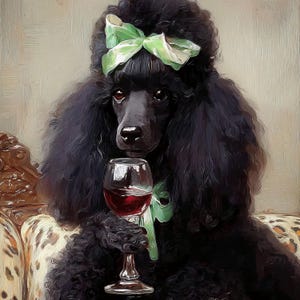 May include: A black poodle with a green bow on its head, holding a glass of red wine. The dog is seated on a leopard print patterned couch. The image has a painterly style.
