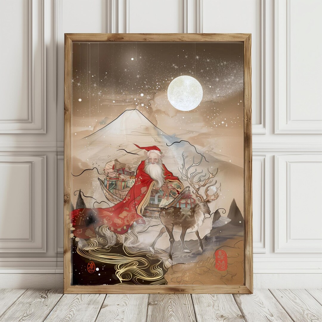 Japanese Santa Claus Art at the Foot of Mount Fuji - Ukiyo-e Style ...