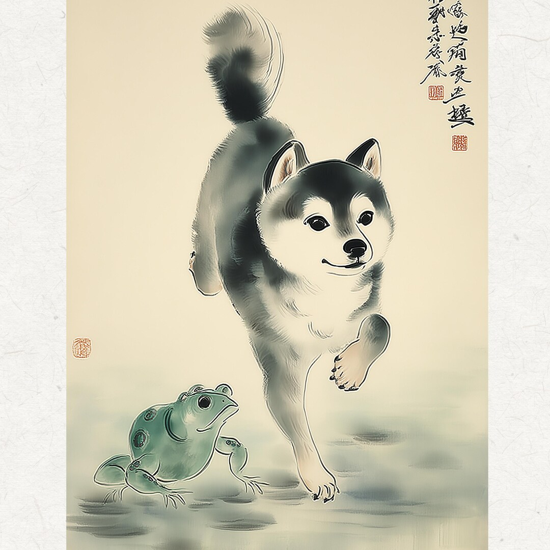 Shiba Inu and Frog Sumi-e Art | Japanese Dog Ink Painting | Japandi ...