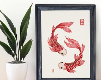 Japansk Koikarp-väggkonst, Yin Yang röd Koi-tryck med japansk kanji