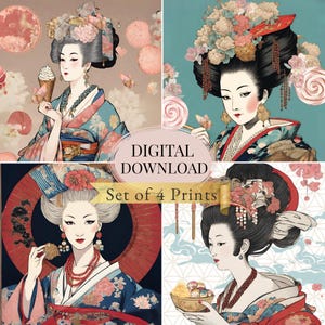 Geisha Wall Art Set – Japanese Art Prints ,Funny Geisha , Modern Oiran, fantasy asian decor ,japan ,Digital Download (4-Piece)