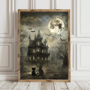 印刷可能なハロウィンウォールアート - 黒猫のお化け屋敷 - ヴィンテージゴシック不気味な装飾 - ダークアカデミアハロウィンポスター
