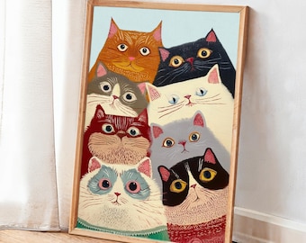 Whimsical Colorful Cat Art Print: Playful Feline Poster (Digital Download)