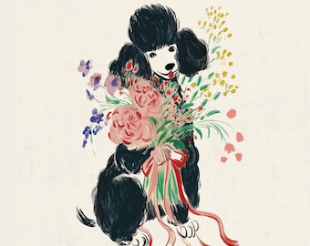 May include: Illustration of a black poodle holding a bouquet of flowers. The flowers are a mix of pink, yellow, and purple, tied with a red and green ribbon. The poodle has a white face and is sitting upright.