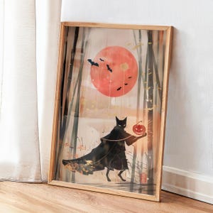 Shadow Black Cat Halloween Wall Art - Japanese Ukiyo-e Style Moonlit Night Poster