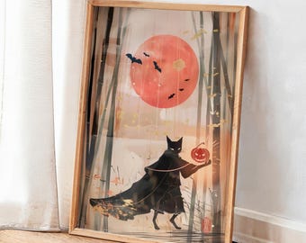 Shadow Black Cat Halloween Wall Art - Japanese Ukiyo-e Style Moonlit Night Poster