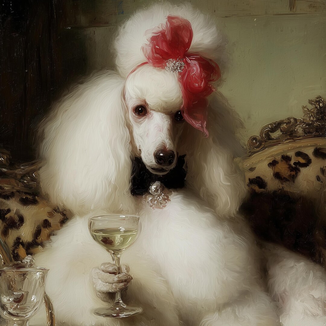 White Poodle With Wine Glass | Elegant Dog Portrait Wall Art | Refined ...