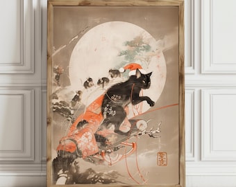 Samurai Santa Cat Print – Ukiyo-e Style Japanese Christmas Wall Art