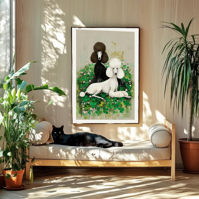 May include: A framed art print featuring two poodles, one black and one white, resting in a bed of green clover. A black cat lounges on a wooden daybed in front of the artwork. The room has a natural, sunlit ambiance with potted plants.